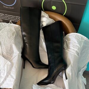 Charles and Keith Elegant Black Pointed-Toe Stiletto Knee Boots - Women 37